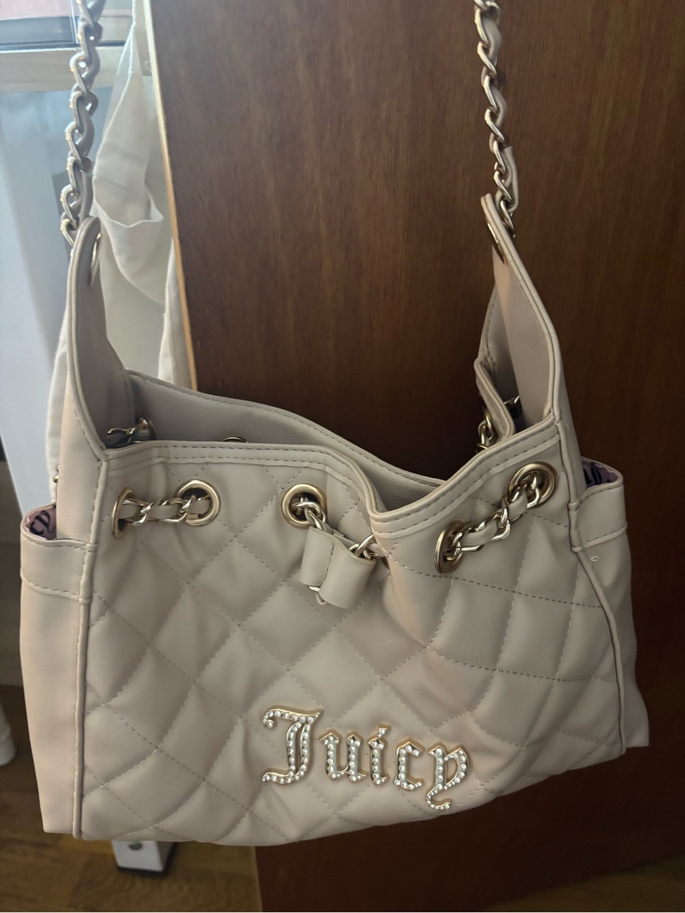 Juicy Couture Quilted Cream Shoulder Bag with Chain Details